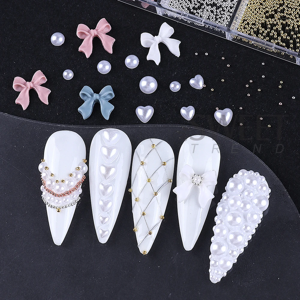 12Grids Bow 3D Nail Art Decorations White Pearls Nail Charms Designs DIY Pink Bowknot Steel ball Nail Parts Manicure Accessorie