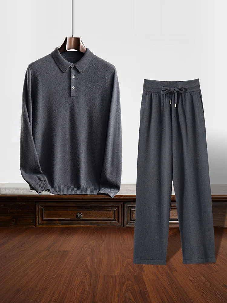 CHICUU Men 100% Cashmere Sweater Pants Suit Autumn Winter Polo Pullover Straight Pants Smart Casual Style Clothing Comfy Soft 4
