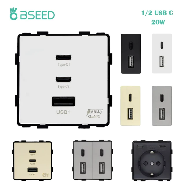 BSEED 65W PD Fast Charge Module Quick Charge Socket Part 1/2 USB Type-C 20W Wall Phone Charger Plug Support BSEED Frames