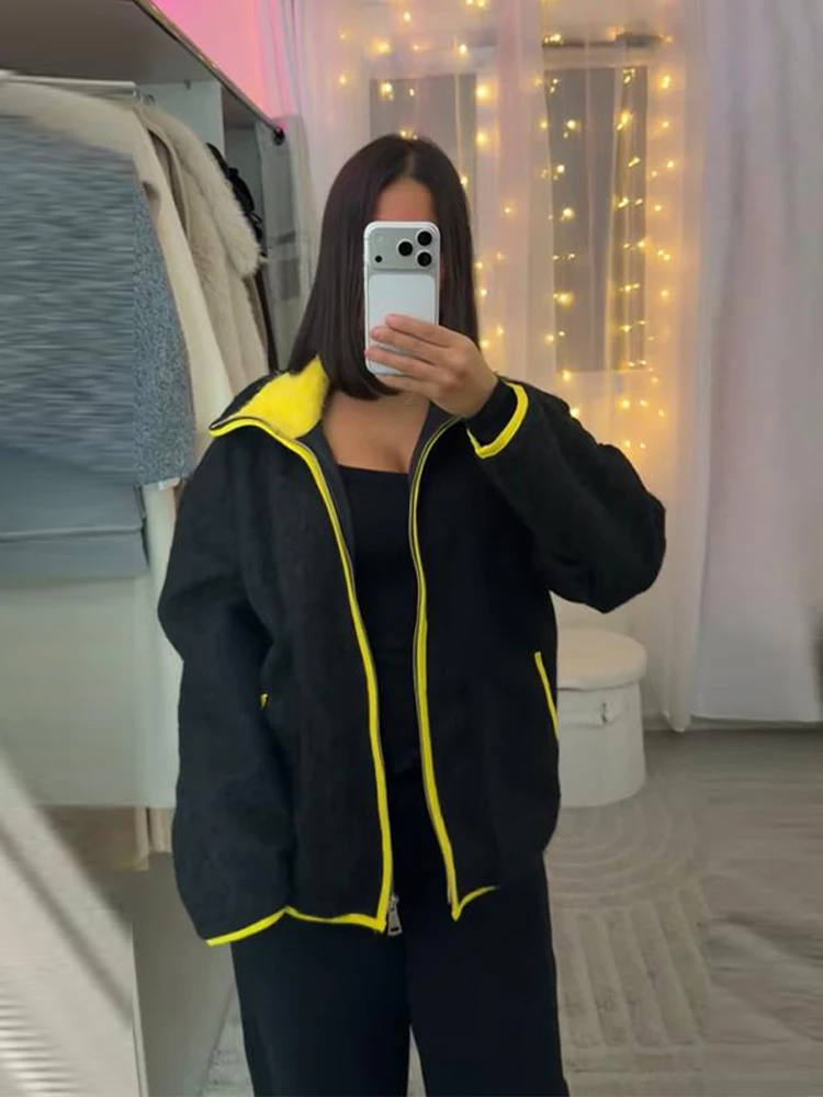 سترة صوفية متباينة غير رسمية للنساء بياقة واقفة وجيوب وسحاب وأكمام طويلة معطف نسائي لخريف وشتاء 2025 جديد للسيدات في ملابس خارجية