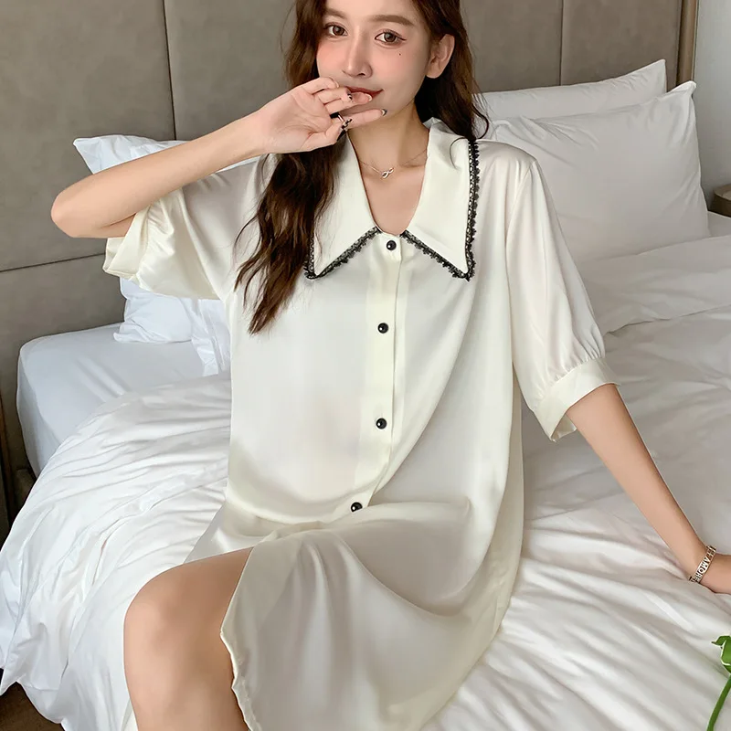 

Летняя женская кружевная отделка FZSLCYIYI, Женский атласный кардиган, ночная рубашка, сексуальная ночная рубашка с коротким рукавом, одежда для сна, домашняя одежда