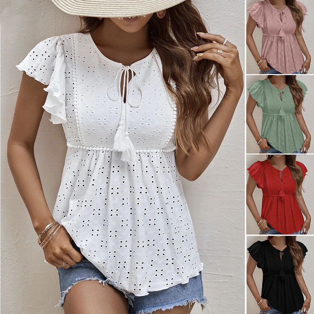 

Women 2023 Summer Women Jacquard Lotus Short Leaf Sleeve Shirt Top Ladies Lace-Up Hollow Out O-neck Blouses Blusa Mujer