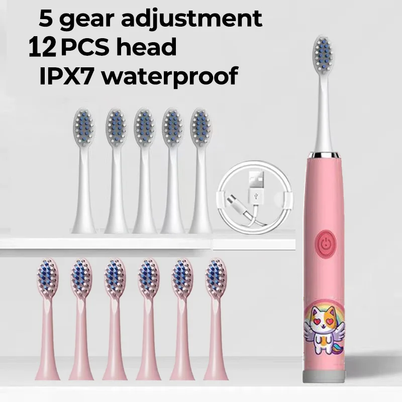 thumbnail image 1 of Cepillo de dientes eléctrico para niños con dibujos animados para niños con cabezal de repuesto ultrasónico IPX7, impermeable, recargable, cepillo de dientes sónico, 1 of 5