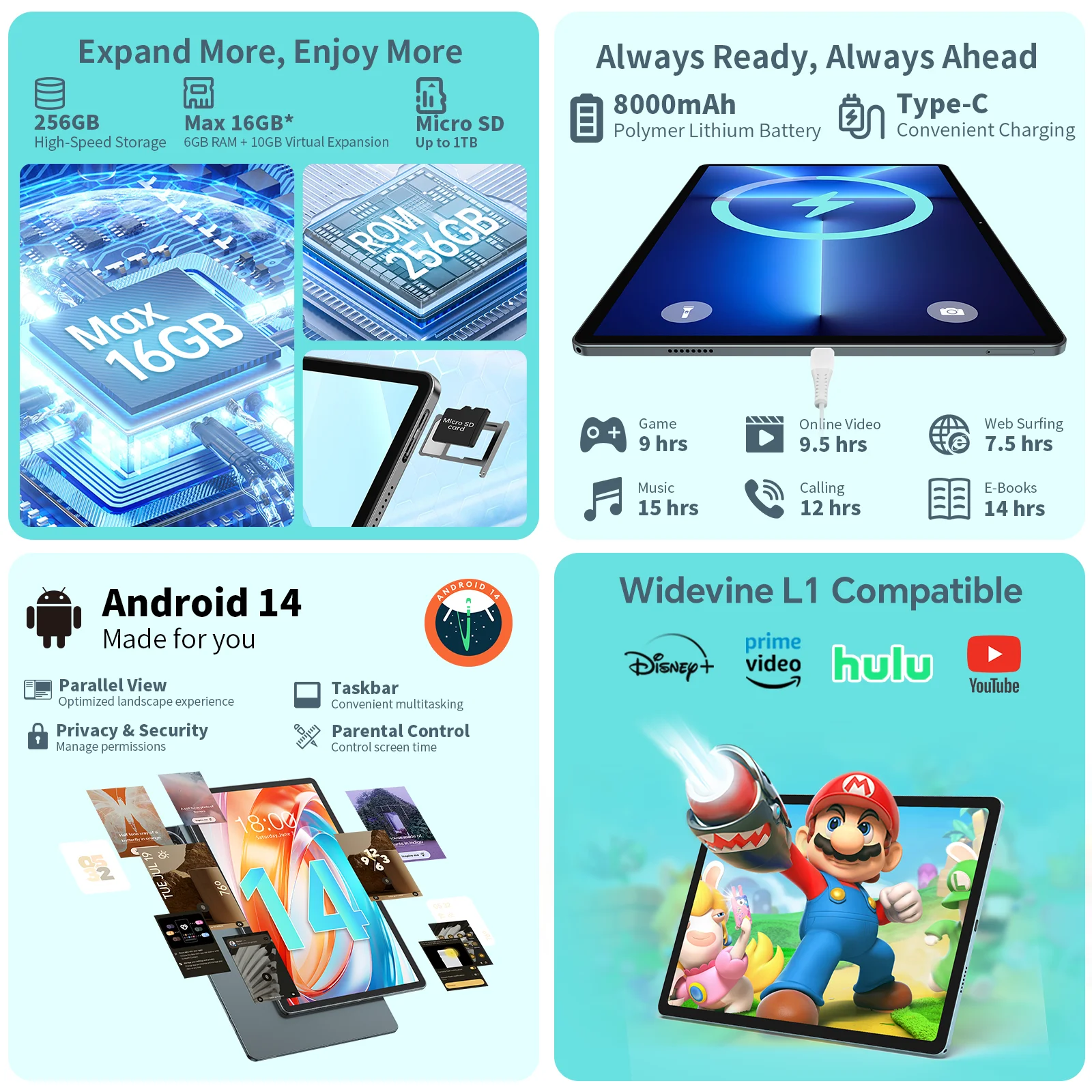 Teclast Odea S11, 11 inch Tablet, Max 16GB RAM, 256GB ROM, 1920X1200 TDDI, Android 14, Octa Core, T606, GPS, 4G LTE, 13MP+8MP 3
