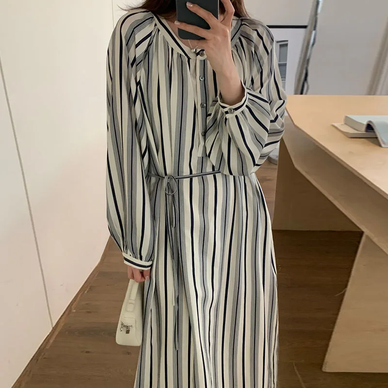 

VANOVICH Korean Style V-neck Single-breasted Lace-up Waist Slim Striped Long Sleeve Dress Spring Women Fashion Long A-line Dress