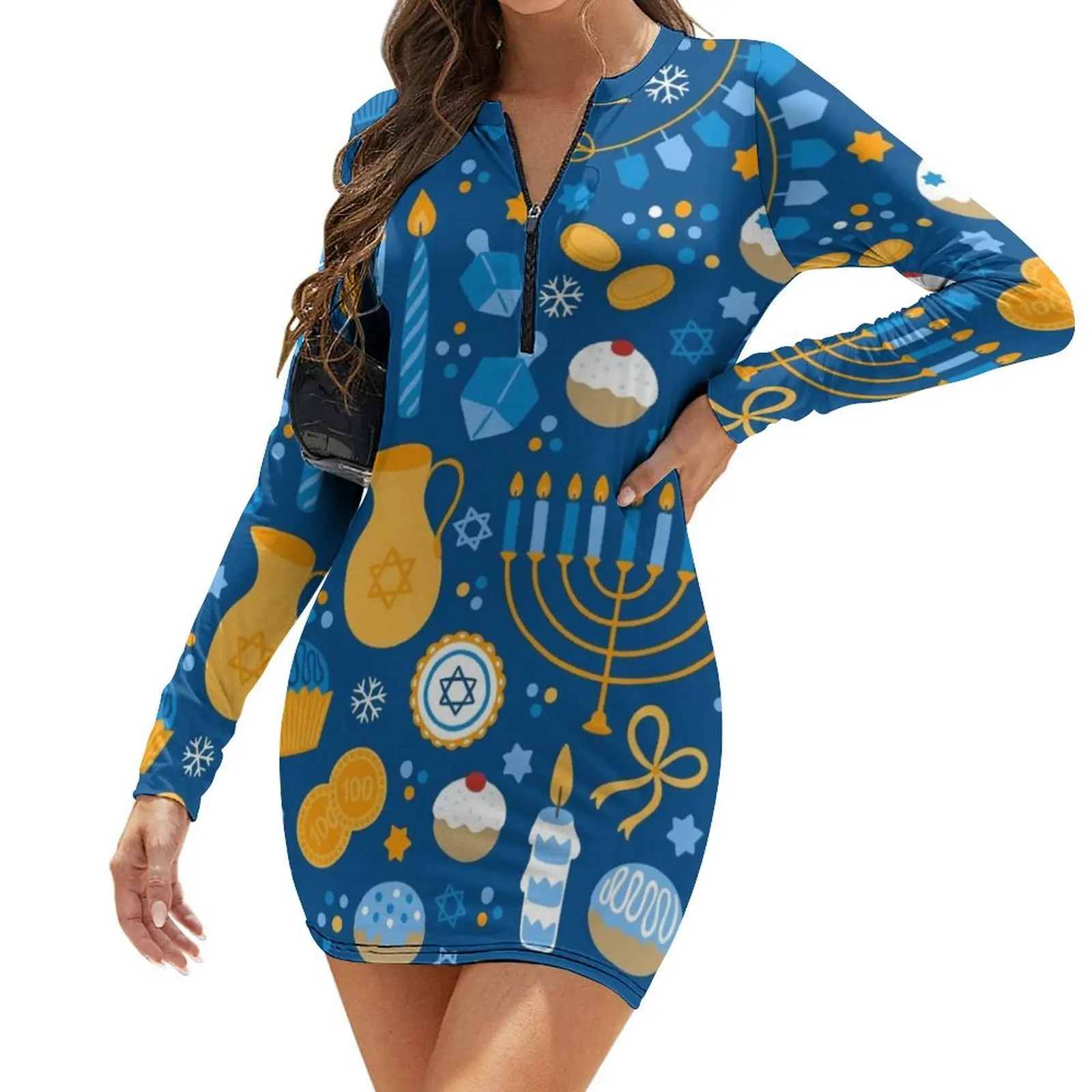 

Happy Hanukkah Pattern Long-Sleeve Bodycon Dress summer clothes women's dresses luxury summer women's suit clothes