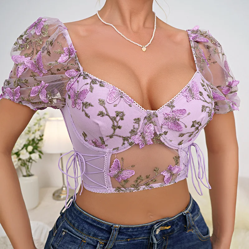 

Hot-selling bubble sleeve sexy floral navel short top steel ring gathered drawstring waist lace shirt sexy top