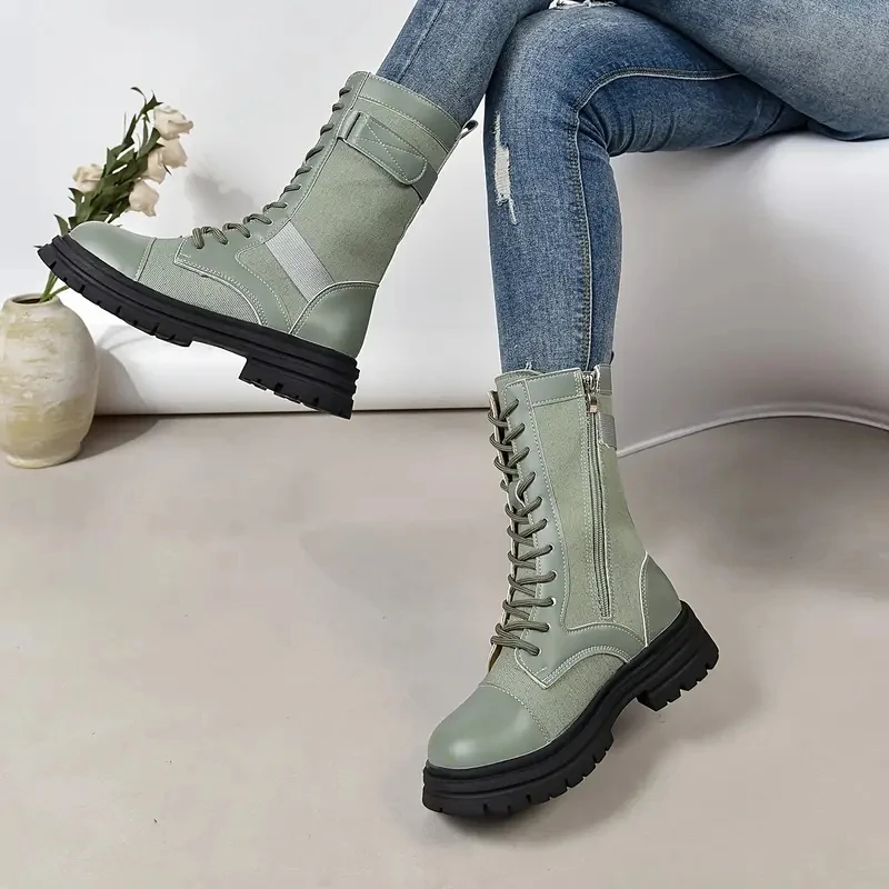 Aphixta Retro Lace Up Women Boots Side Zip Modern Boots Women Boots Blue 4CM Square Heel Lady Footwear Shoes botas mujer botines