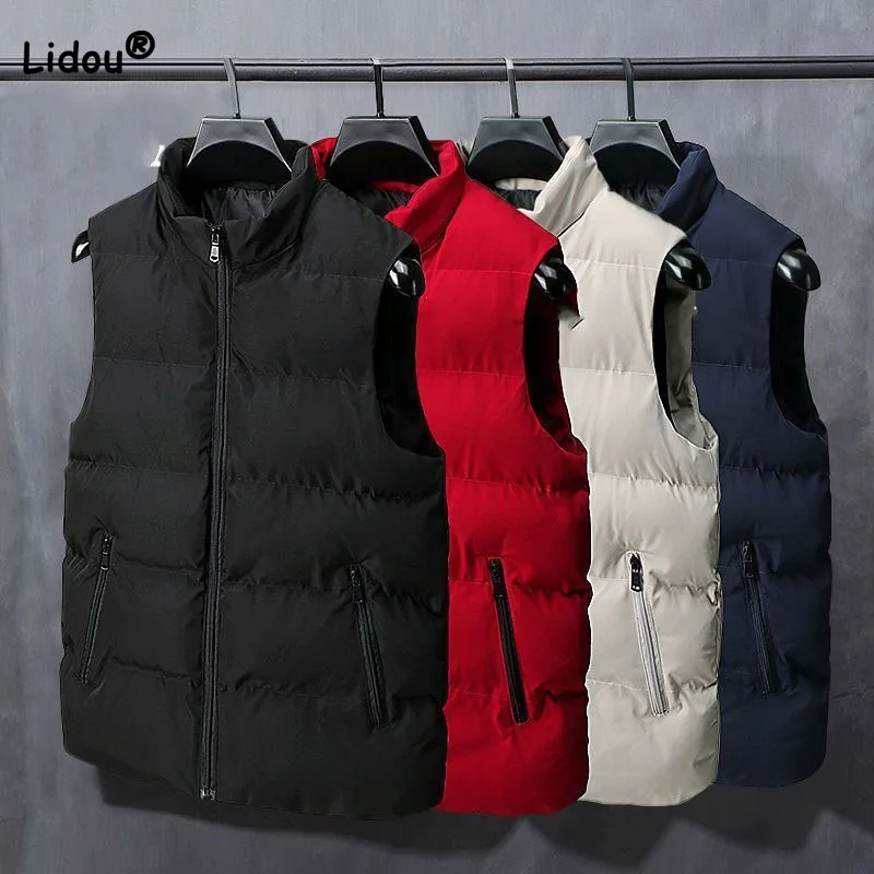 Autumn Winter Men's Handsome Simplicity Solid Color Sleeveless Down Coats Casual Zipper Pockets Thick Vest Male Clothes