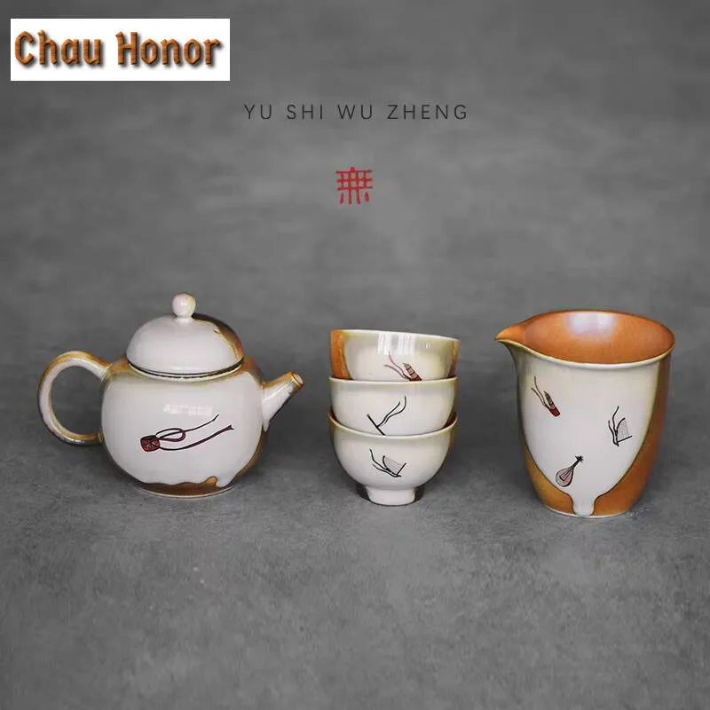 Chinese Dunhuang Apsaras Tea Set Complete Set Zen Hand Grasp Pot Tea Ceremony Set Tea Brewing 1 Pot 3 Cups Set Tea Items Gift