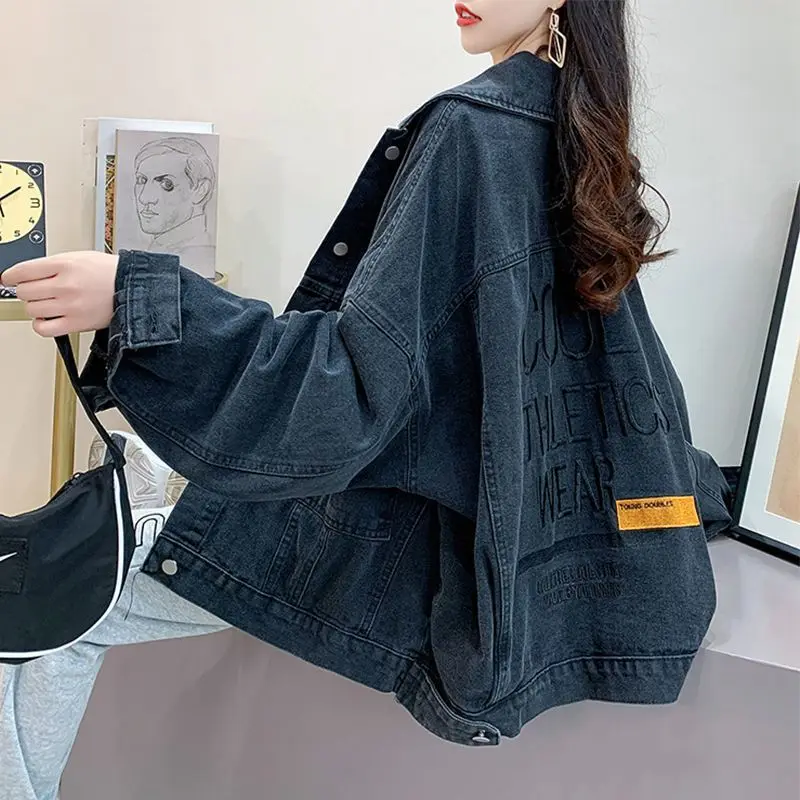 Women 2023 New Vintage Denim Jacket High-Quality Print Cropped Jean Coat Oversized Casual Long Sleeve Turn-Down Collar Outwear