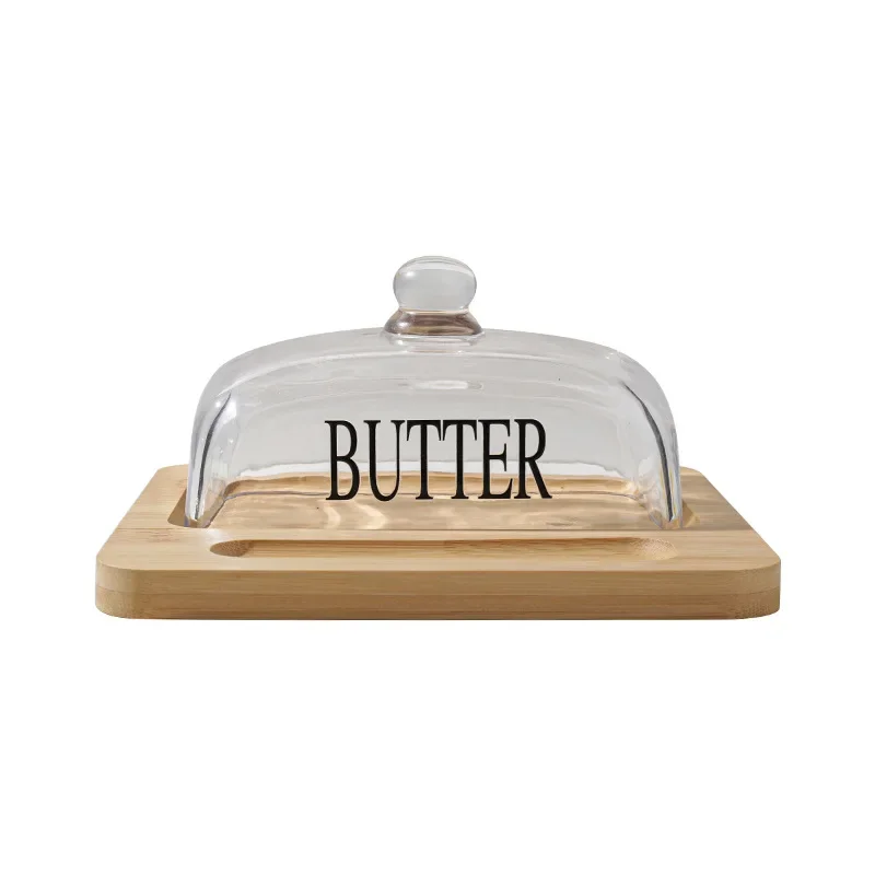 Wooden Butter Plate Glass Cover Cheese Box Butter Cheese Dim Sum Plate Cake Table Display Rack