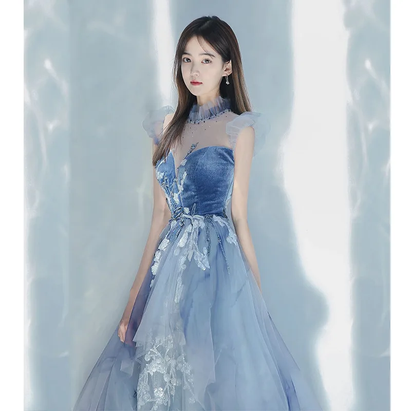 New Blue Evening Dress Elegant Flying Sleeves Floral Lace Prom Gown Noble Appliques Beading Long Sukienka Wieczorowa Customized