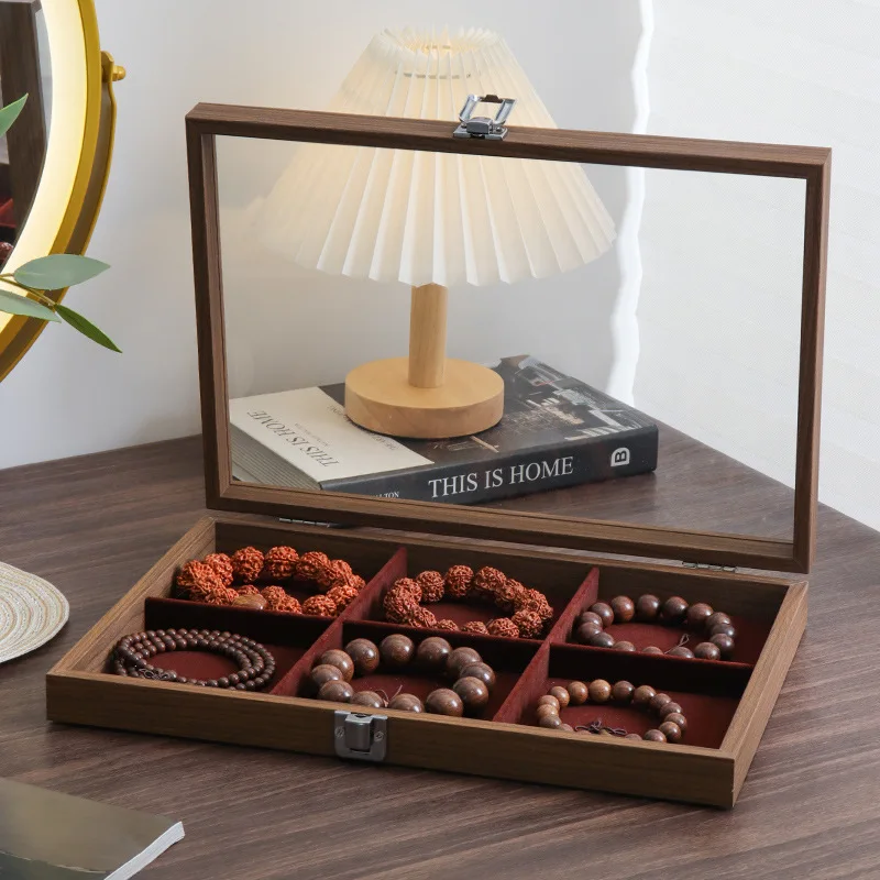 Net Red Black Walnut Patterned Wooden Glass Dustproof Bracelet Jewelry Storage Box Jewelry Viewing Storage Tray Display Tray