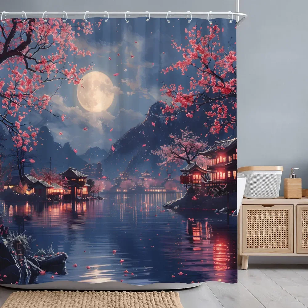 Japanese Red Cherry Blossom Seascape Shower Curtain Chinese Landscape Ink Painting Printed Fabric Shower Curtains Bathroom Decor 3