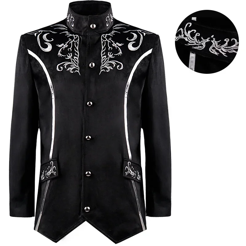 

Medieval Vintage Stand Collar Embroidered Jacket Black Suit Coat