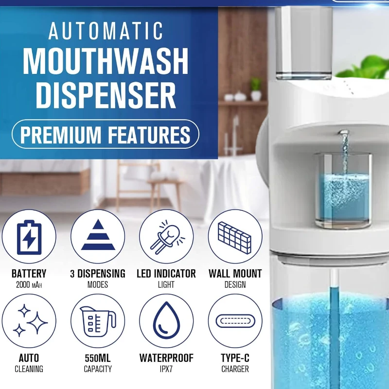Mouthwash Dispenser 550ml Automatic Rechargeable Mounted with 3 Dispensing Levels and Magnetic Cups Storage