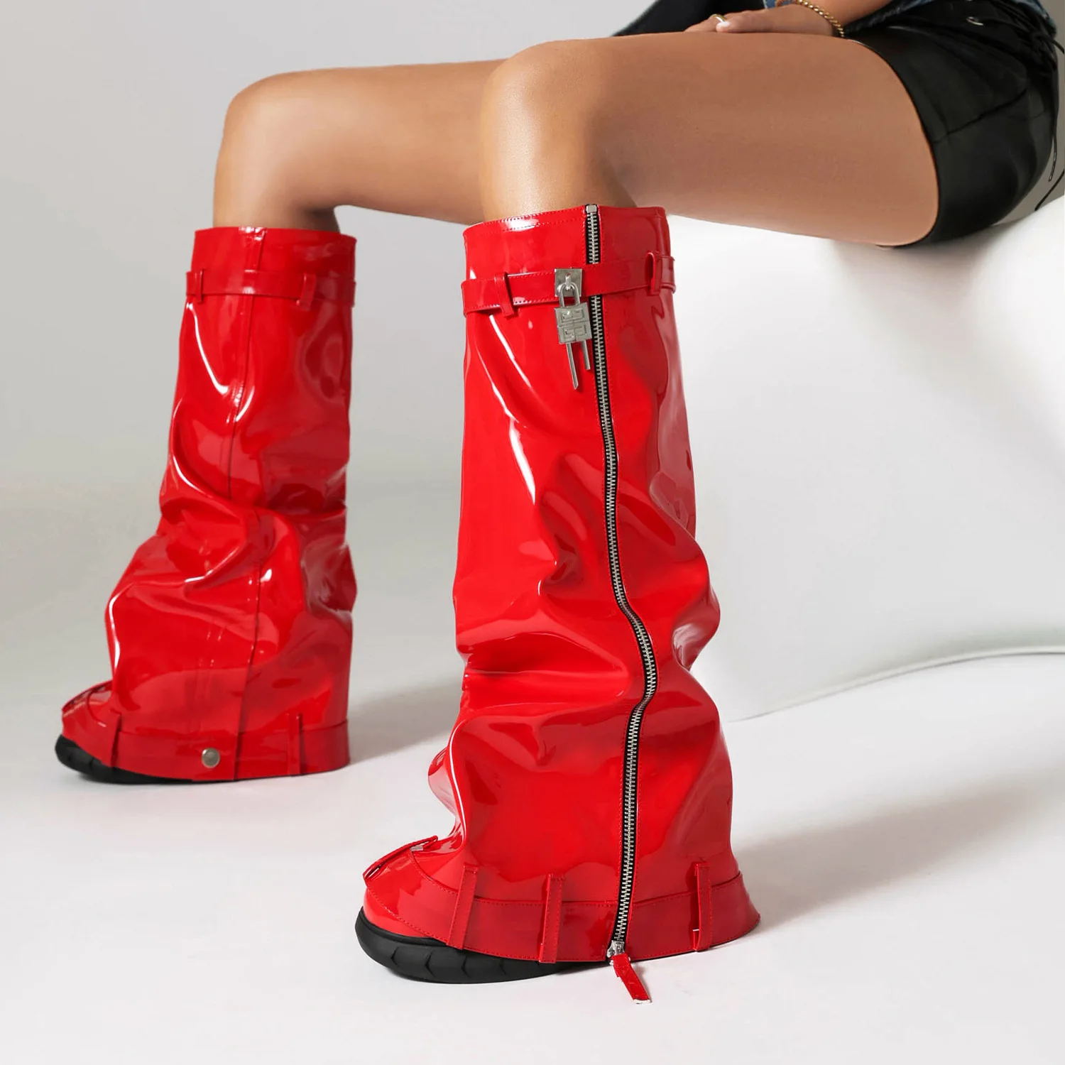 

Attractive Fold Wedge High Heel Woman Knee High Boots Shark Lock Woman Round Toe Black Red Slip On Long Boots