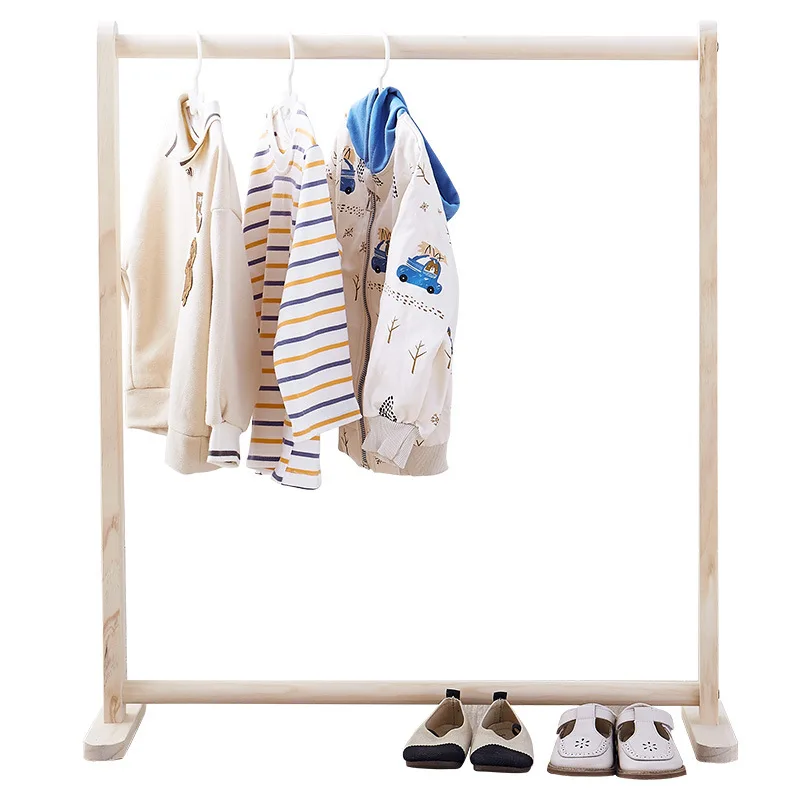 Solid wood children's hanger folding household clothes-drying floor balcony bedroom simple single pole coat rack