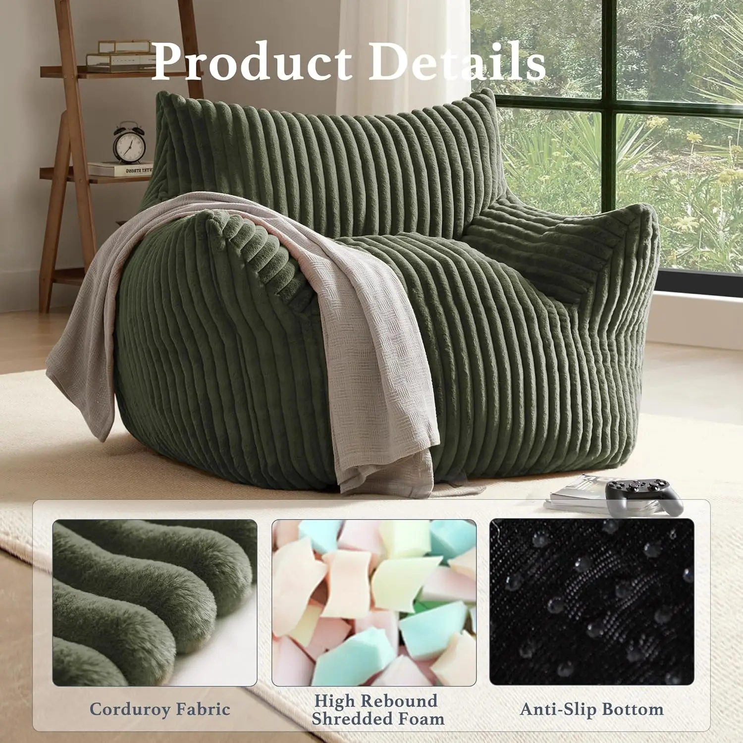 Giant Plush Bean Bag Chair for Adults, Teen, Kids with Armrests - Oversized Comfy Green Beanbag Lounge Floor Sofa Accent Chair