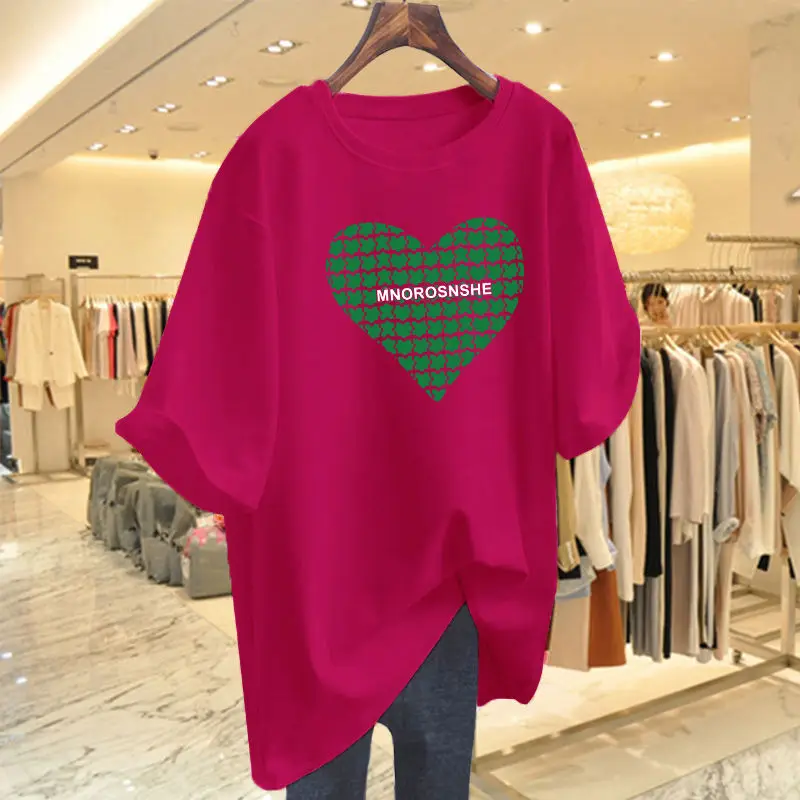 

Women's Fashion Love Pattern T-shirt 2024 New Simple Versatile Loose All Cotton Short Sleeve O-neck Basics Top Tee Lady Pullover