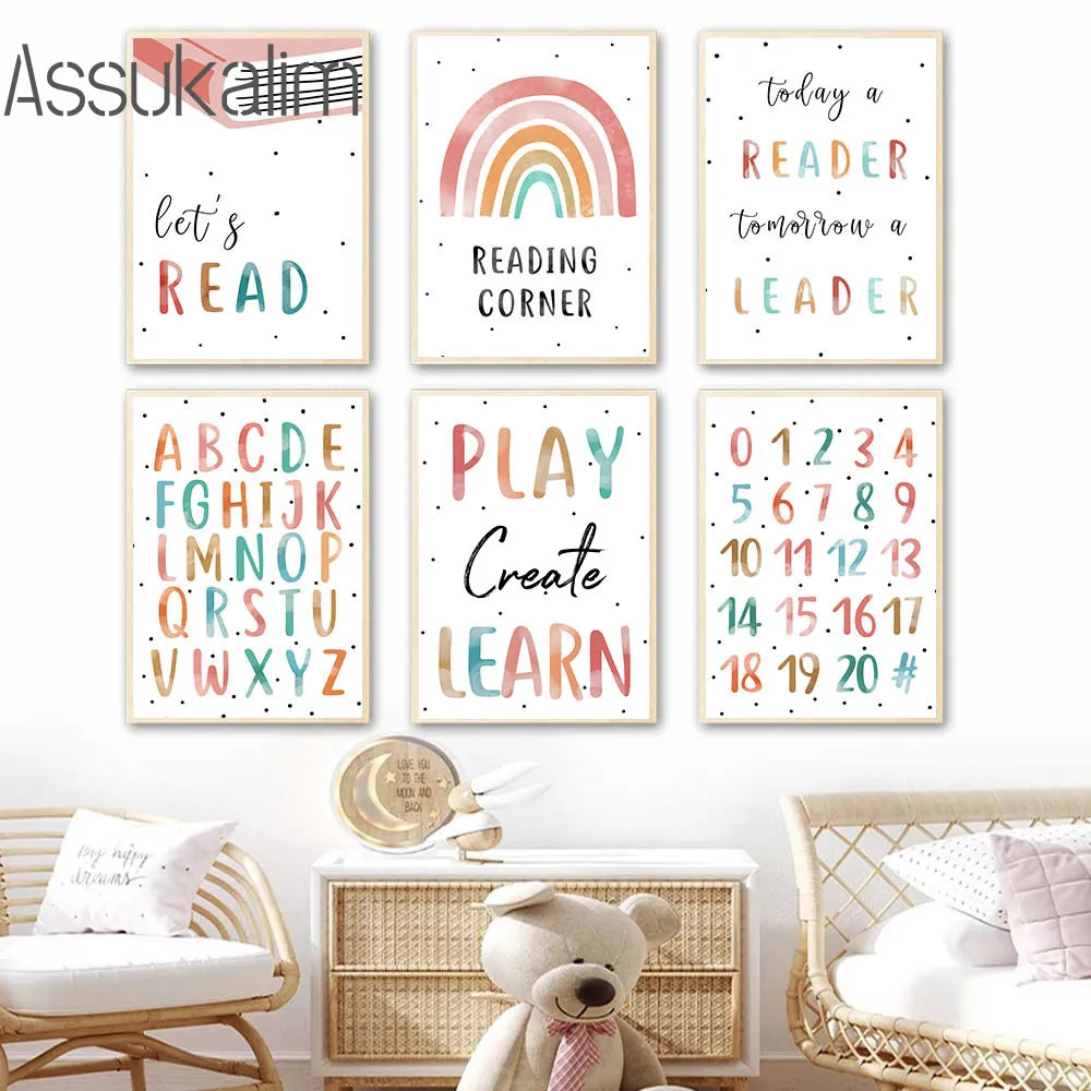 

Pink Wall Art Education Art Prints Alphabet Number Canvas Poster Rainbow Print Pictures Nursery Posters Baby Girls Room Decor