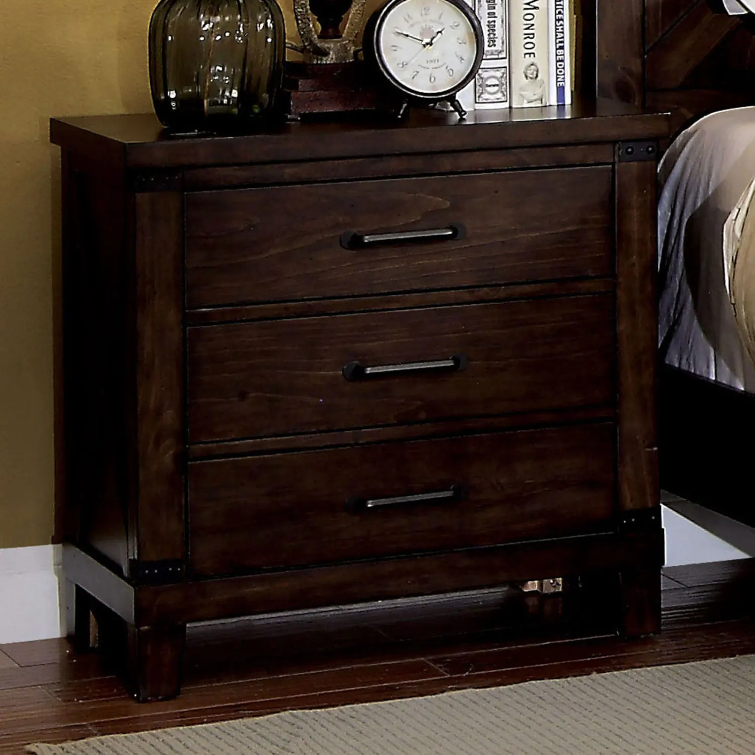 

Rustic Style Dark Walnut Finish 1pc Nightstand Bedroom Furniture Solid wood 3-Drawers bedside Table Black Bar Pulls bed