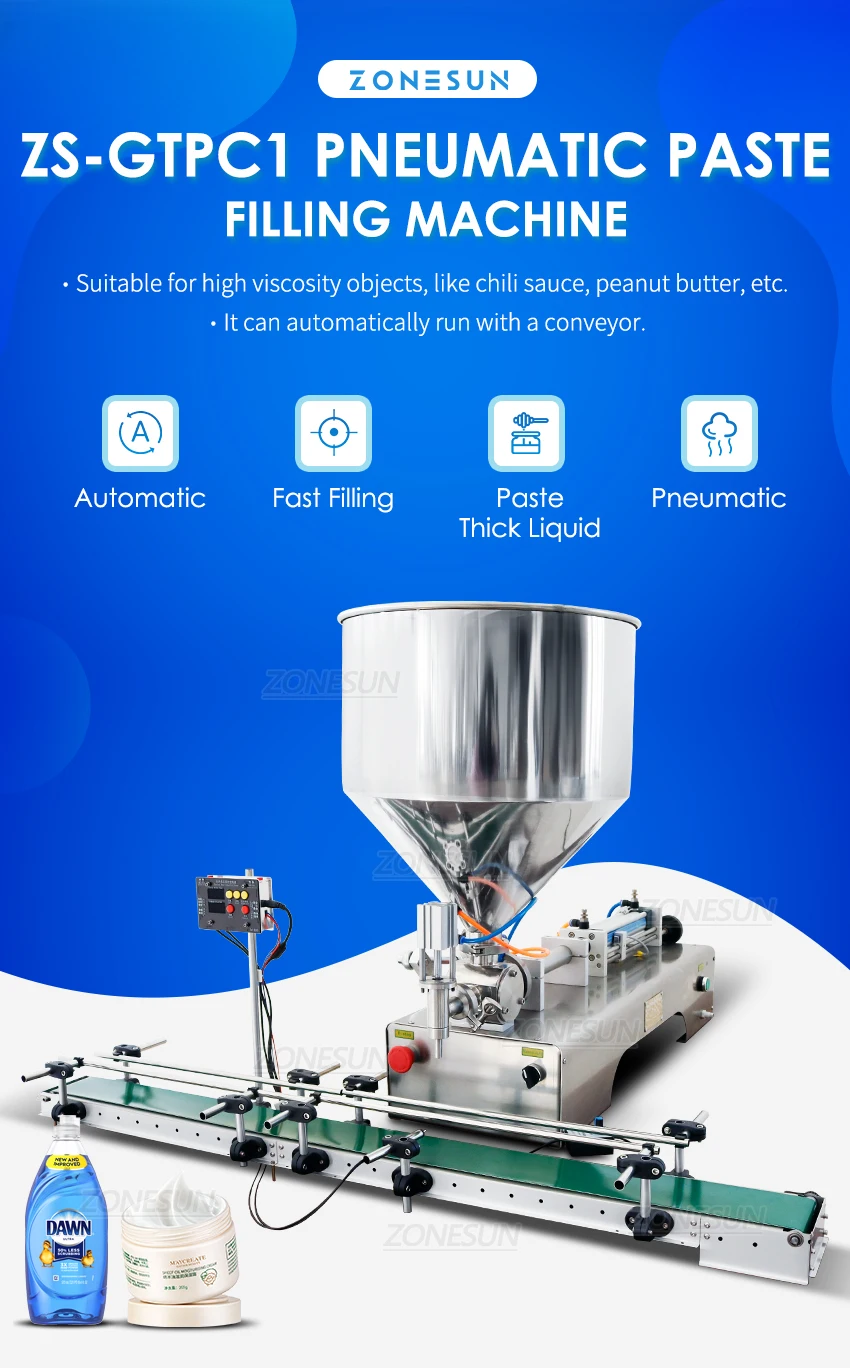 ZONESUN ZS-GTPC1 Pneumatic Piston Pump Paste Filling Machine with Conveyor