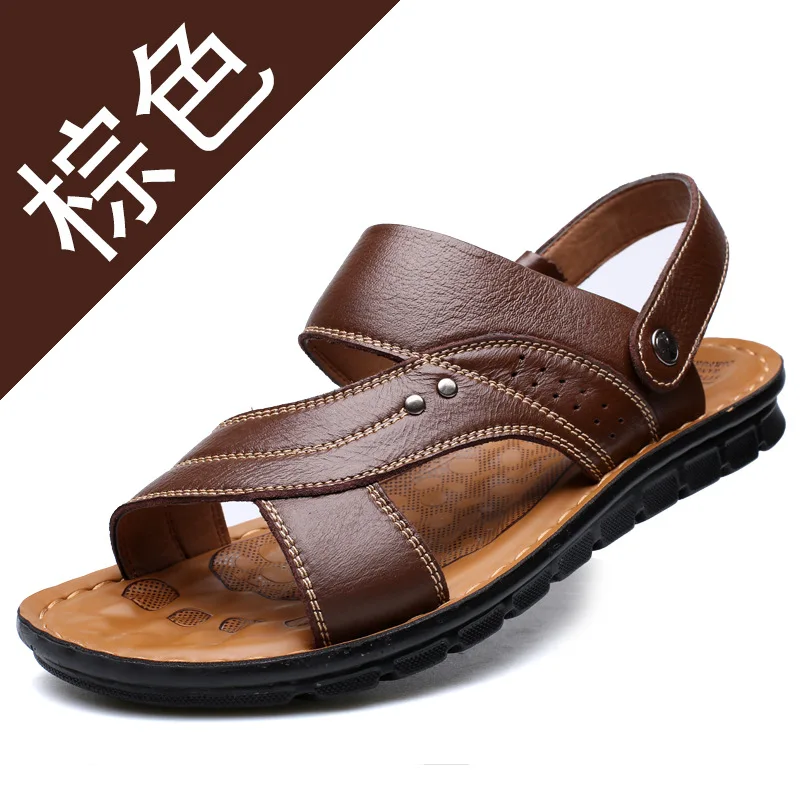 Men\'s Summer New Men\'s Sandals Men\'s Leather Beach Shoes Casual Men\'s Shoes Fashion Slippers Stripe Sandals Rubber  Mens Shoes