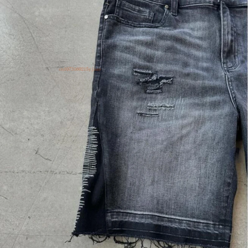 Denim Casual Shorts Men Ins Net Red Letters Patchwork Embroidery Design Denim Shorts American Retro Loose Street Couple Shorts