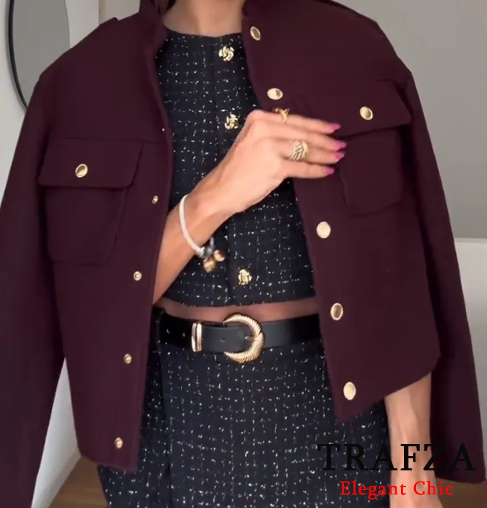 TRAFZA Women Vintage Soft Tweed Jacket Gold Color Button Half Collar Jacket Autumn Fall Fashion women tweed jacket