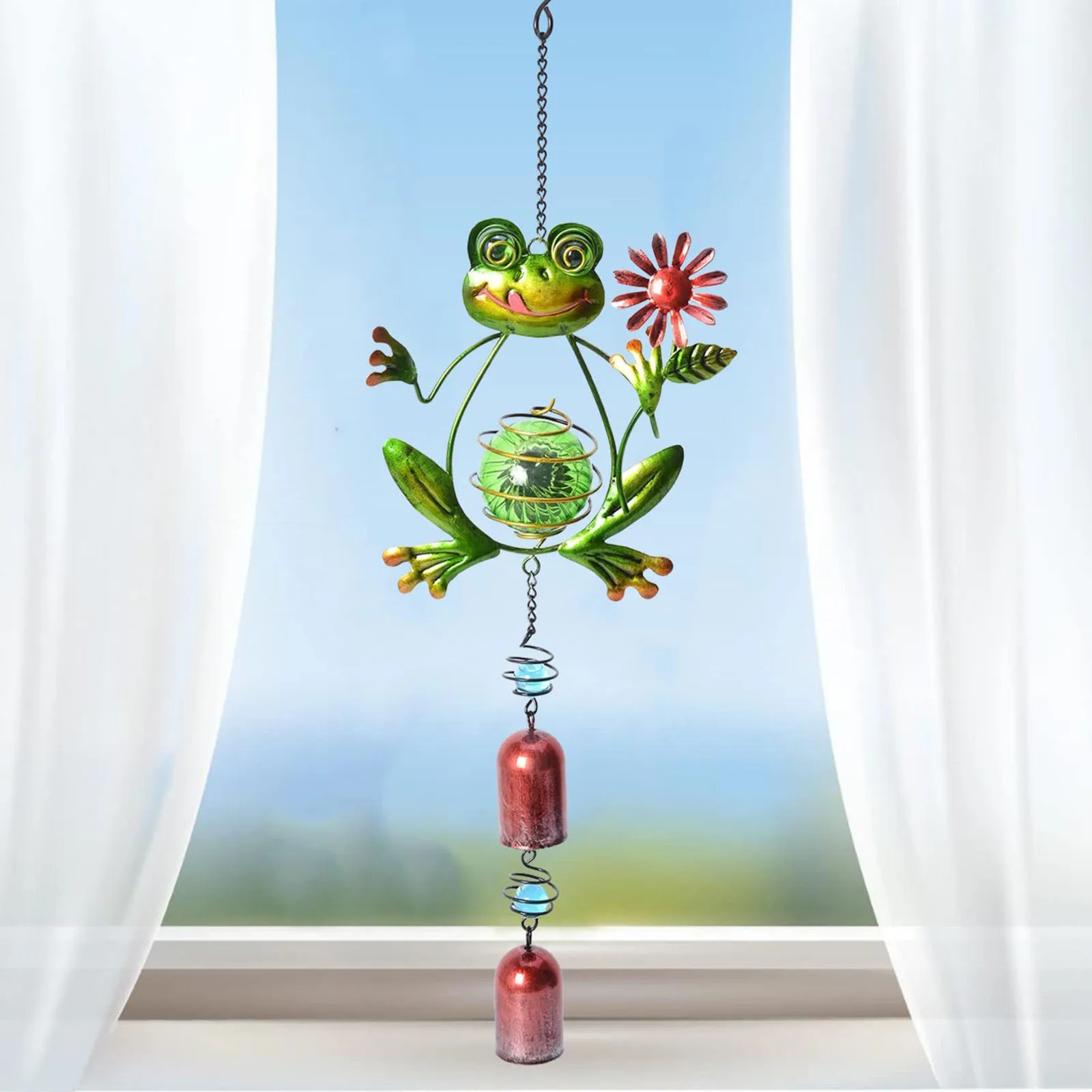 패턴 녹색 개구리 태양 바람 종소리 정원 마당 파티오 실내 선물 동양 장식 샹들..