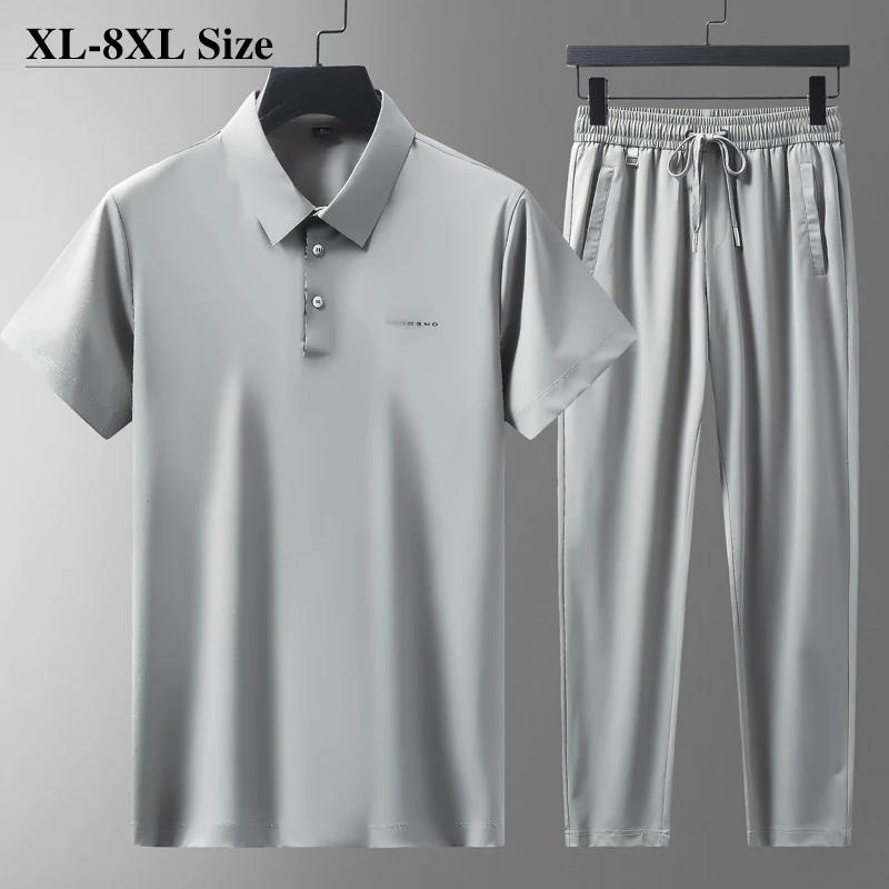 

Men's Summer Polo Shirt Pants Two-piece Set Fashion Ice Silk Thin Elasticity Short Sleeve Casual Brand Clothes Plus Size 7XL 8XL