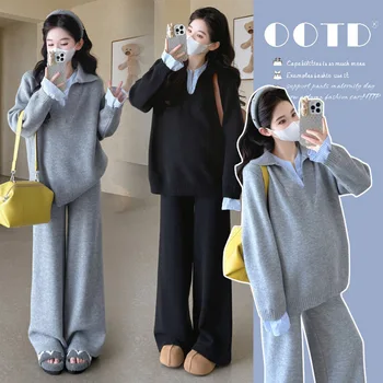 Maternity Suit Autumn Casual Minimalist Soft Comfortable Loose Preppy Style V Neck Sweater And Wide Leg Pants Two Piece Set