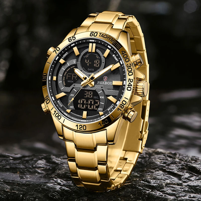LIGE Luxury Original Men Sports Wrist Watch Gold Quartz Steel Waterproof Dual Display Clock Watches Relogio Masculino For Men