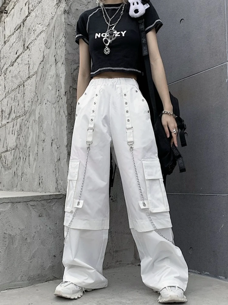 ADAgirl White Cargo Pants Women Streetwear Fashion Baggy Chain High Waist Wide Leg Casual Sweatpants Y2k Vintage Mujer Trousers