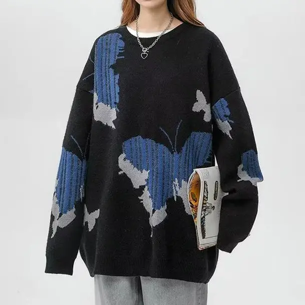 

Butterfly Round Neck Loose Sweater Women 2022 Winter Street Harajuku Long Sleeve Pullover Knitting Hip Hop Casual Sweater Retro