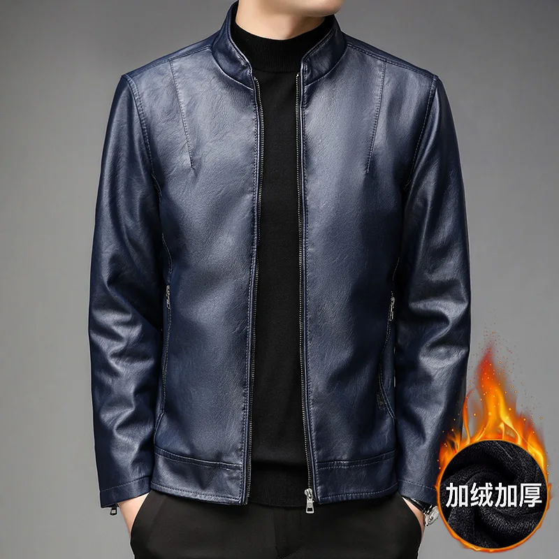 Autumn and Winter Men's Short Handsome Motorcycle Faux Leather Jacket Simple Stand-up Collar Slim Fleece Warm Faux Leather Coat mens leather jackets on sale Casual Faux Leather