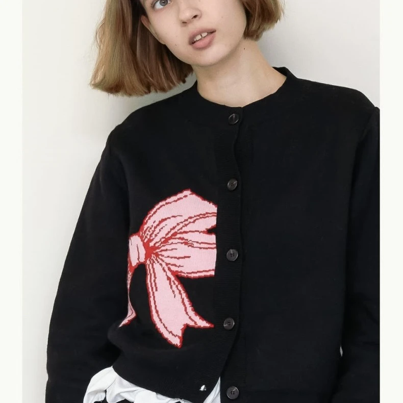 Sweet Sle RonRon  Knot Embroidered Knitted ort Cardigan Sweater Open Front Long Sve round Ne Regular Length