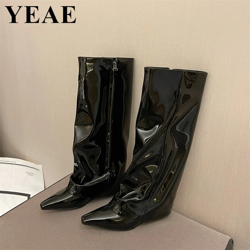 

Fashion Women Black Wedges Mid Calf Boots Winter And Autumn Pointed Toe Pants Boots Designer Party Dress Shoes Lady Knight Boots