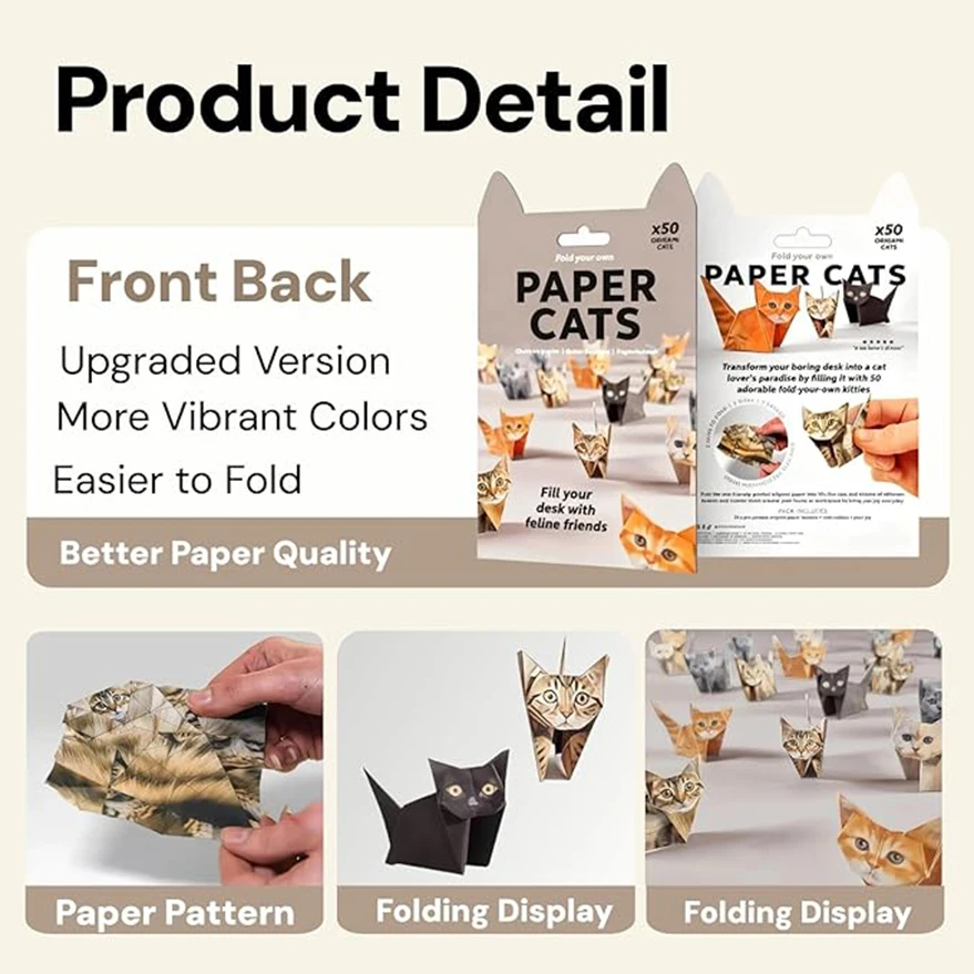 Creative DIY Paper Cats 50 Sheets DIY Origami Paper Handmade DIY Paper Cat Dog Dinosaur Fun Art Craft Folding Animal Folding Set