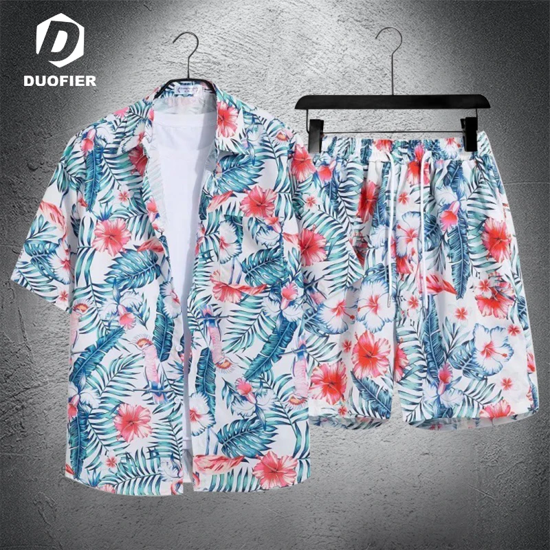 

Men Outfit Set 2023 Summer New Men's Suit Fashion Short Sleeve Lapel Shirt Shorts Print Beachwear Hawaiian Casual Suit 2 Pieces