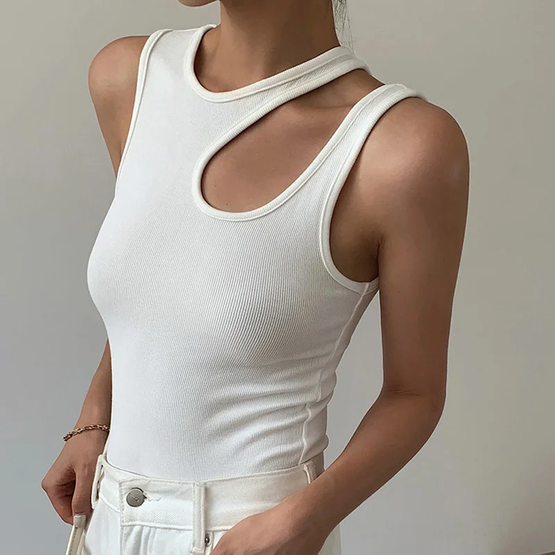 Casual y2k White Cut Out Women's T Shirt Round Neck Sleeveless Slim T Shirts Female Clothing 2022 Summer Fashion crop top women