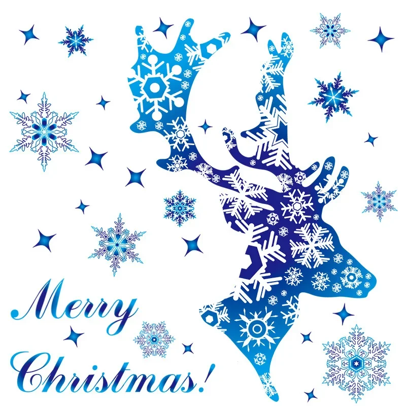 Christmas Glass Films Window Static Cling Sticker Blue Snowflake Sticker Xmas Deer Elk Glass Decorative Stickers