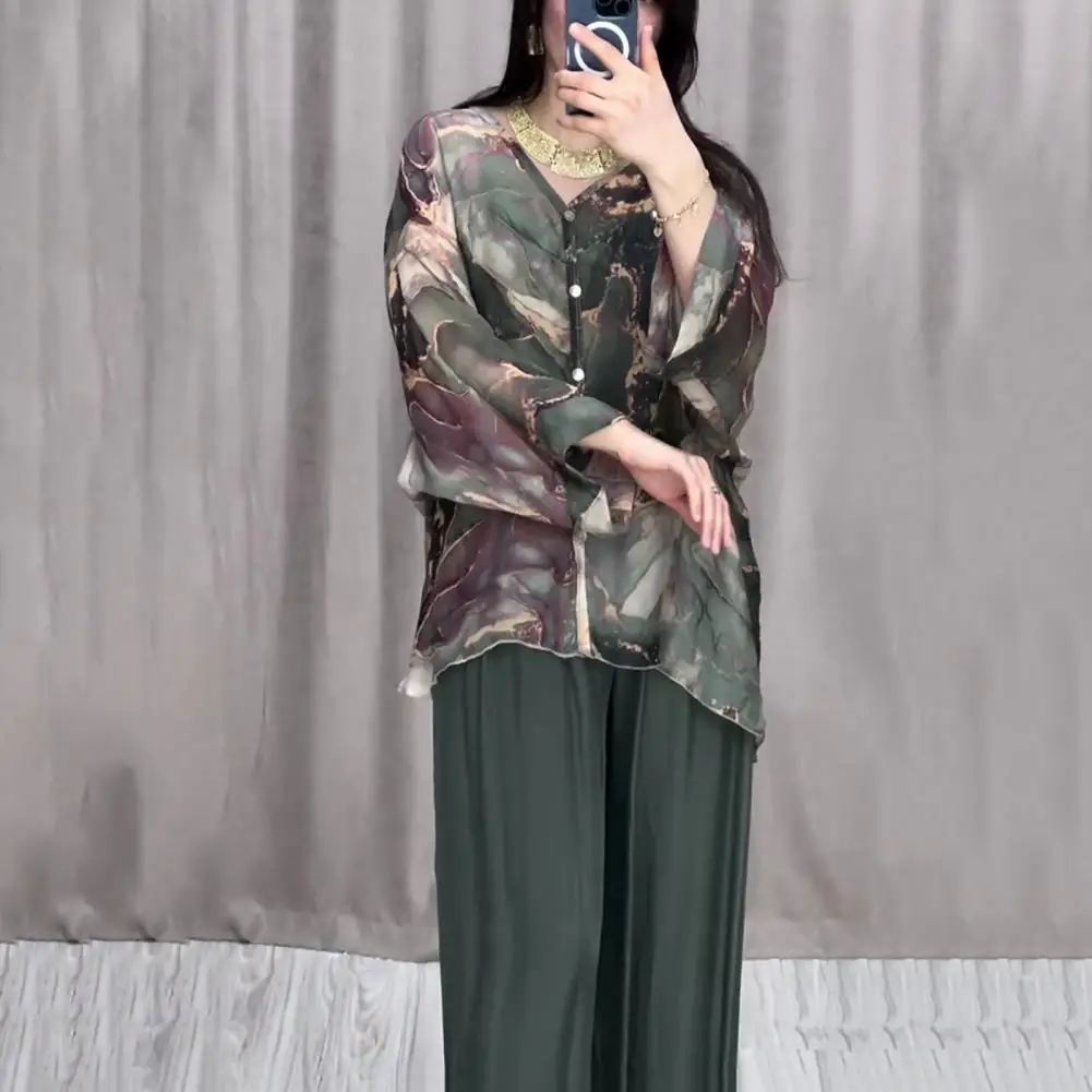 Lightweight Wide-leg Trousers Set Marble Print V Neck Blouse Wide Leg Trousers Set Stylish Women's Homewear for Casual Commute 2