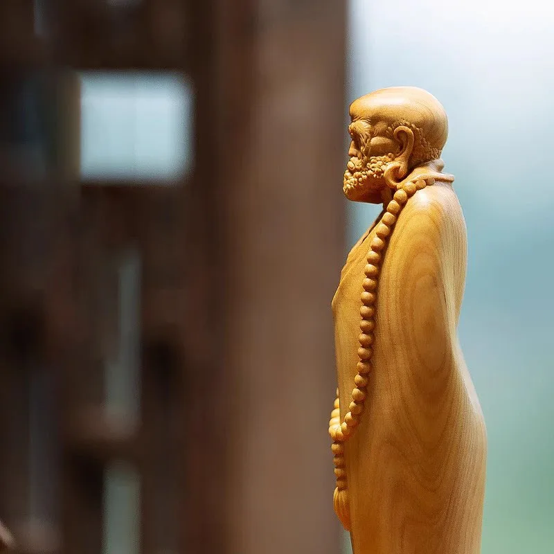 Wooden carving handle piece, boxwood solid wood carving, figure Buddha statue, Bodhidharma Patriarch, Chinese home decoration