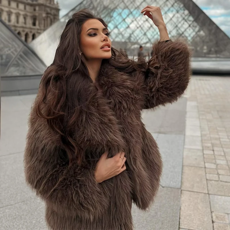 Women Elegant Faux Fur Coat Warm Fluffy Loose Long Sleeve Lapel Jacket Autumn Winter Fashion High Street Lady New Outerwear