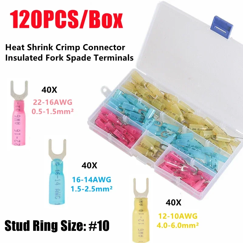 

120PCS AWG22-10 0.5-6.0mm² Heat Shrink Fork Terminal Waterproof Insulated Spade Crimping Connector U Type Terminal