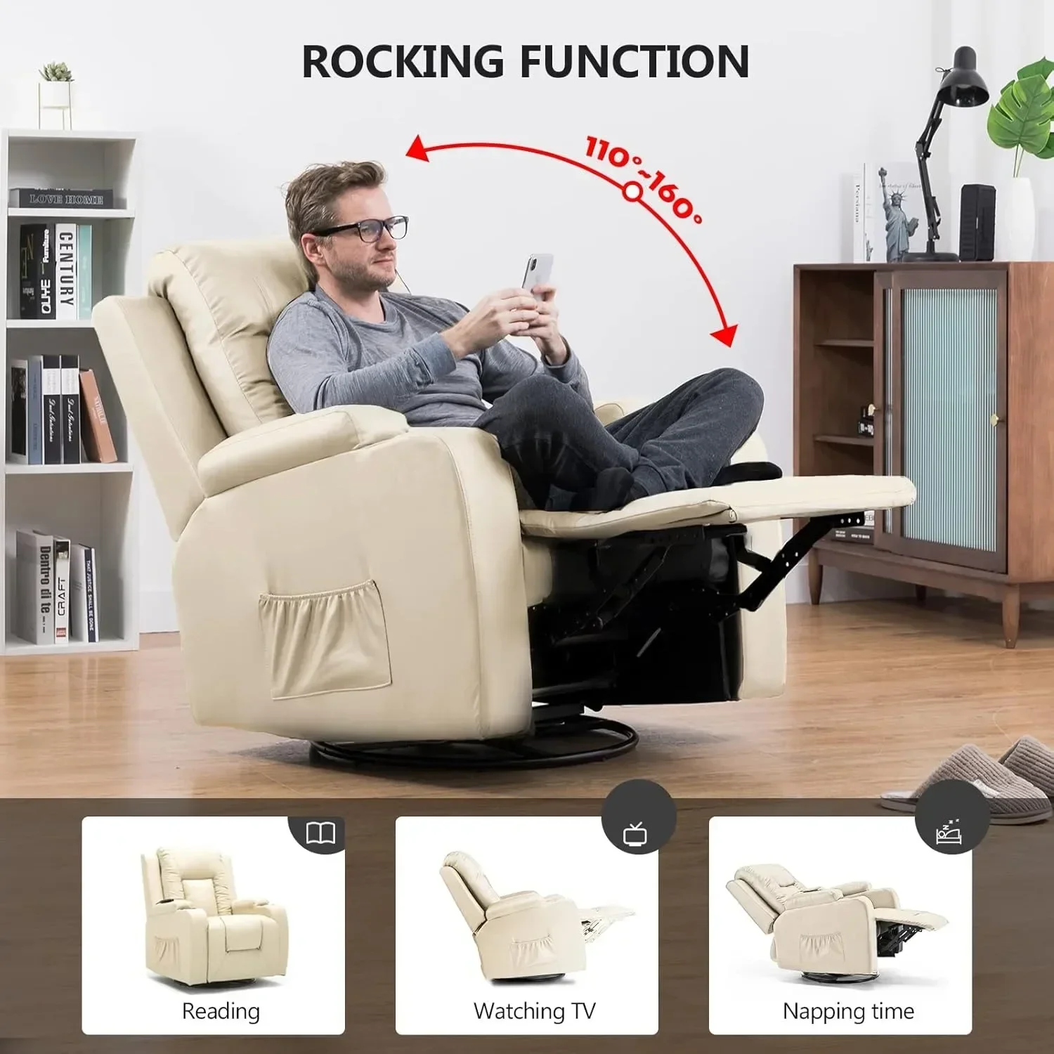 Recliner Chair PU Rocking Chair for Adults Swivel Recliner Massage Single Sofa Seat Side Pockets Living Room Bedroom massage chair single sofa