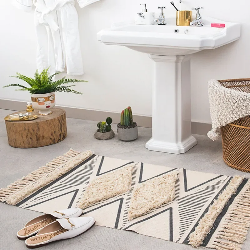 Creative Hand Woven Printed Area Rugs, Tufted Tassels, Throw Rug Machine Washable Bath Mat Doormat Carpet, Moroccan, Cotton, 1Pc